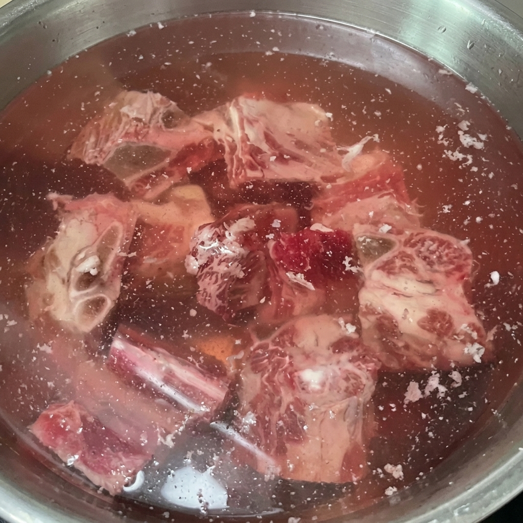 찬물에 담긴 소갈비, 핏물이 빠져 물색이 붉게 변한 모습.