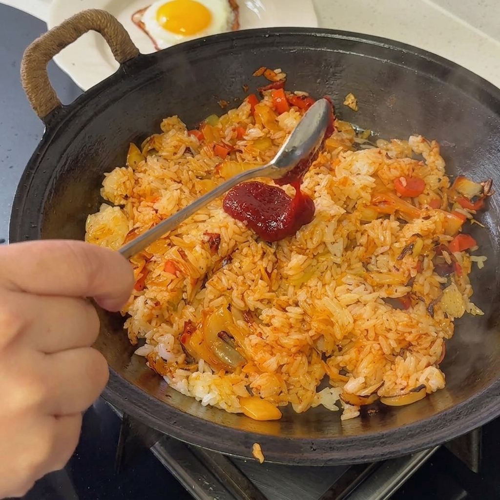 볶음밥 위에 고추장, 간장, 참기름 등을 넣는 모습.