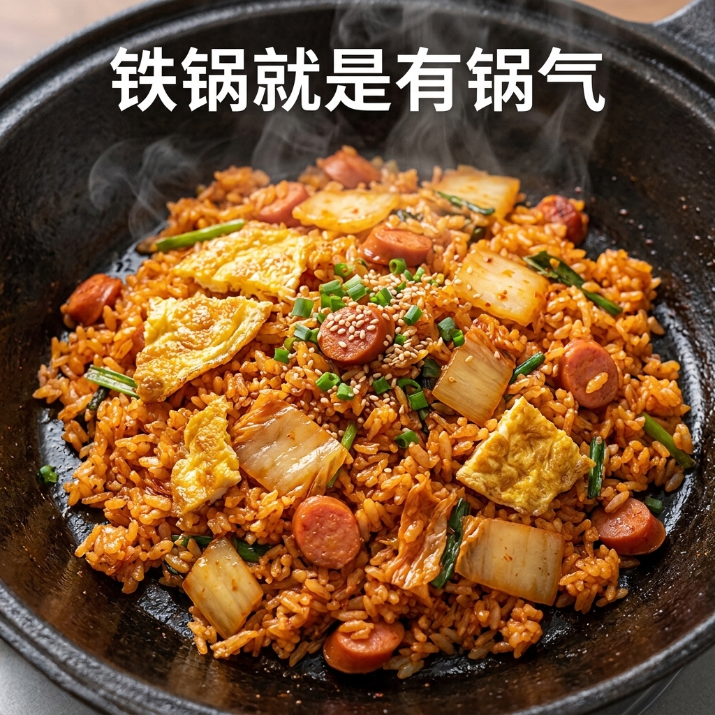 팬 안의 재료들을 센 불에서 강하게 볶아내는 모습.
