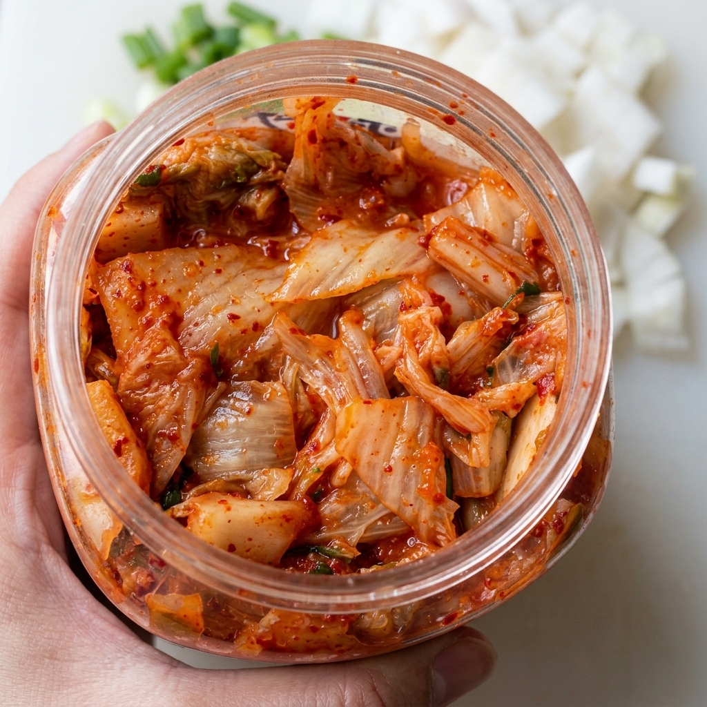 작은 그릇에 김치, 고추장, 간장, 설탕, 마요네즈가 담겨 있는 모습.