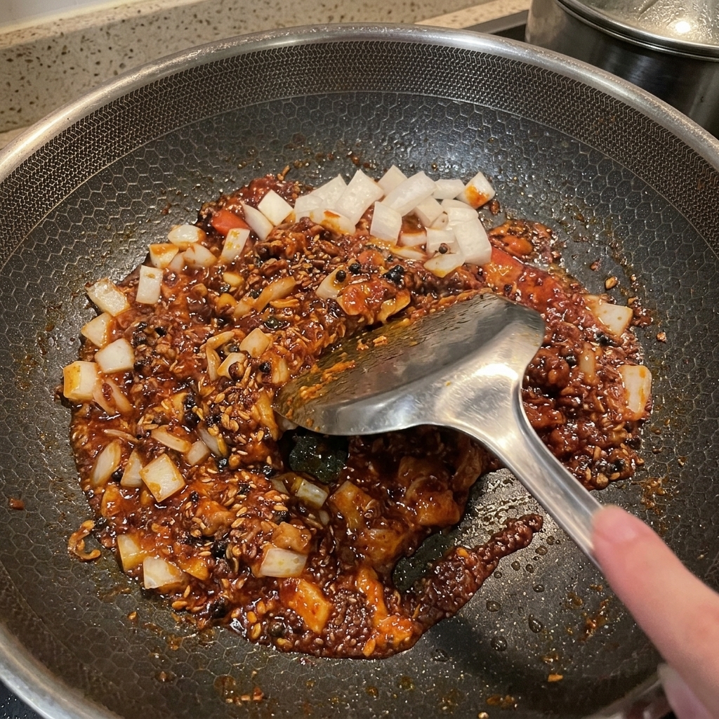 잘게 썬 양파를 팬에 넣고 볶는 모습.