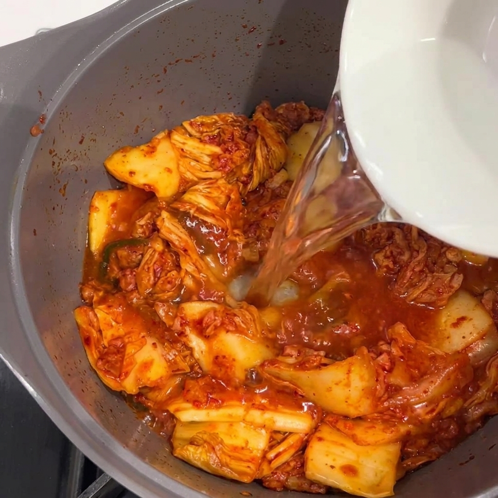 볶은 김치와 스팸이 든 냄비에 맑은 물을 붓는 모습.