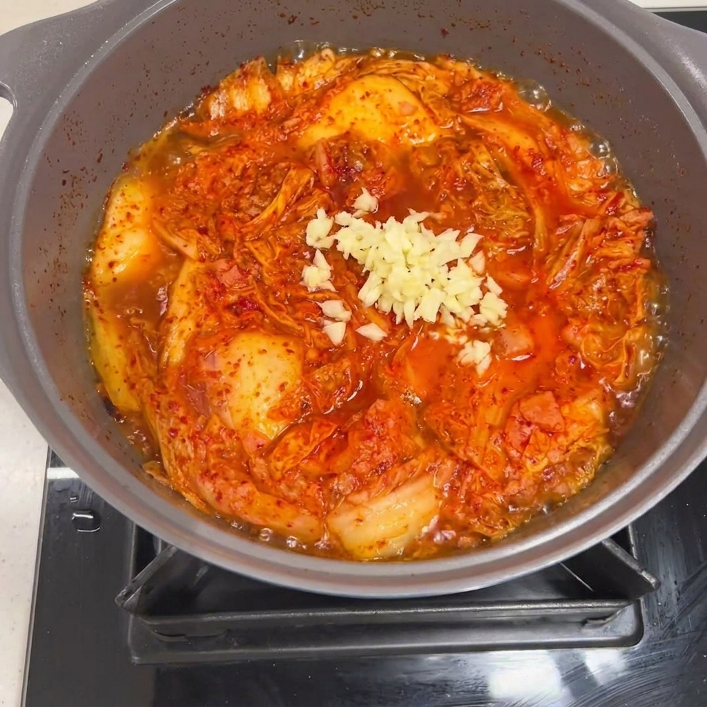 끓는 찌개에 다진 마늘을 넣는 모습.