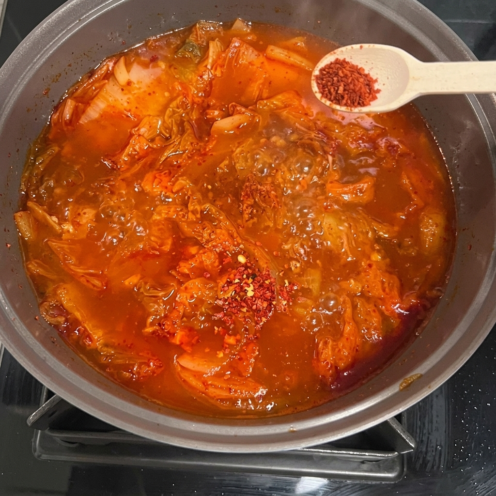 찌개에 진간장과 고춧가루를 넣는 모습.