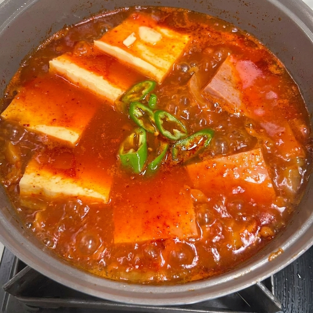 완성된 스팸 김치찌개 위에 대파와 고추를 올린 모습.