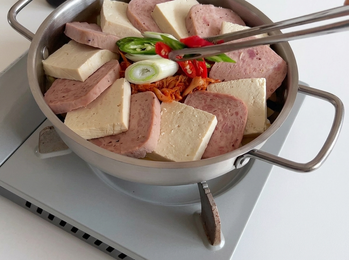 찌개 중앙에 김치, 파, 고추를 올리는 모습.