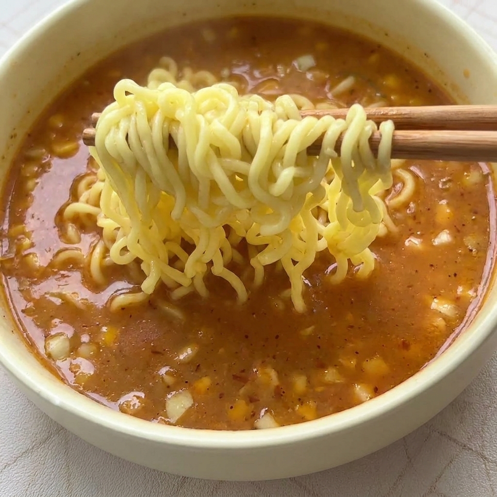 삶아진 면을 소스가 담긴 그릇에 넣고 비비는 모습.