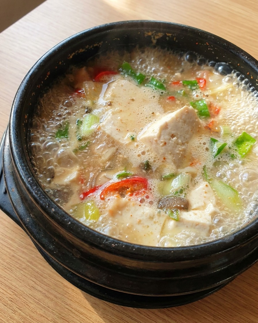 찌개 위에 두부와 고추를 올려 마무리하는 모습.