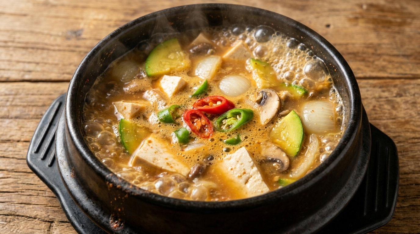 뚝배기에 담겨 보글보글 끓고 있는, 신선한 채소와 두부가 듬뿍 들어간 먹음직스러운 된장찌개.