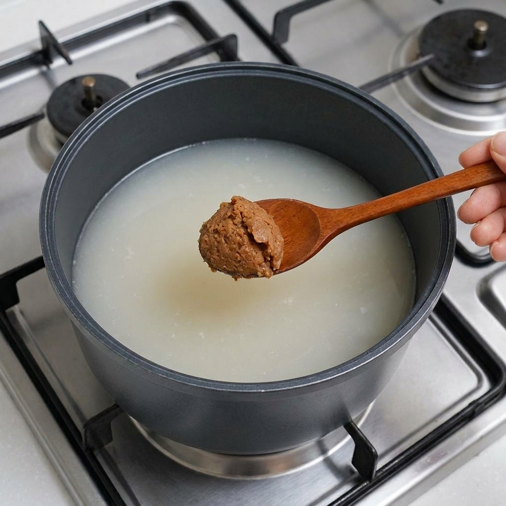 육수에 된장 두 큰술을 넣고 푸는 모습.