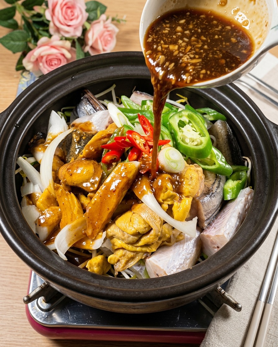 뚝배기 중앙에 만들어둔 양념장을 붓고 물을 채우는 모습.