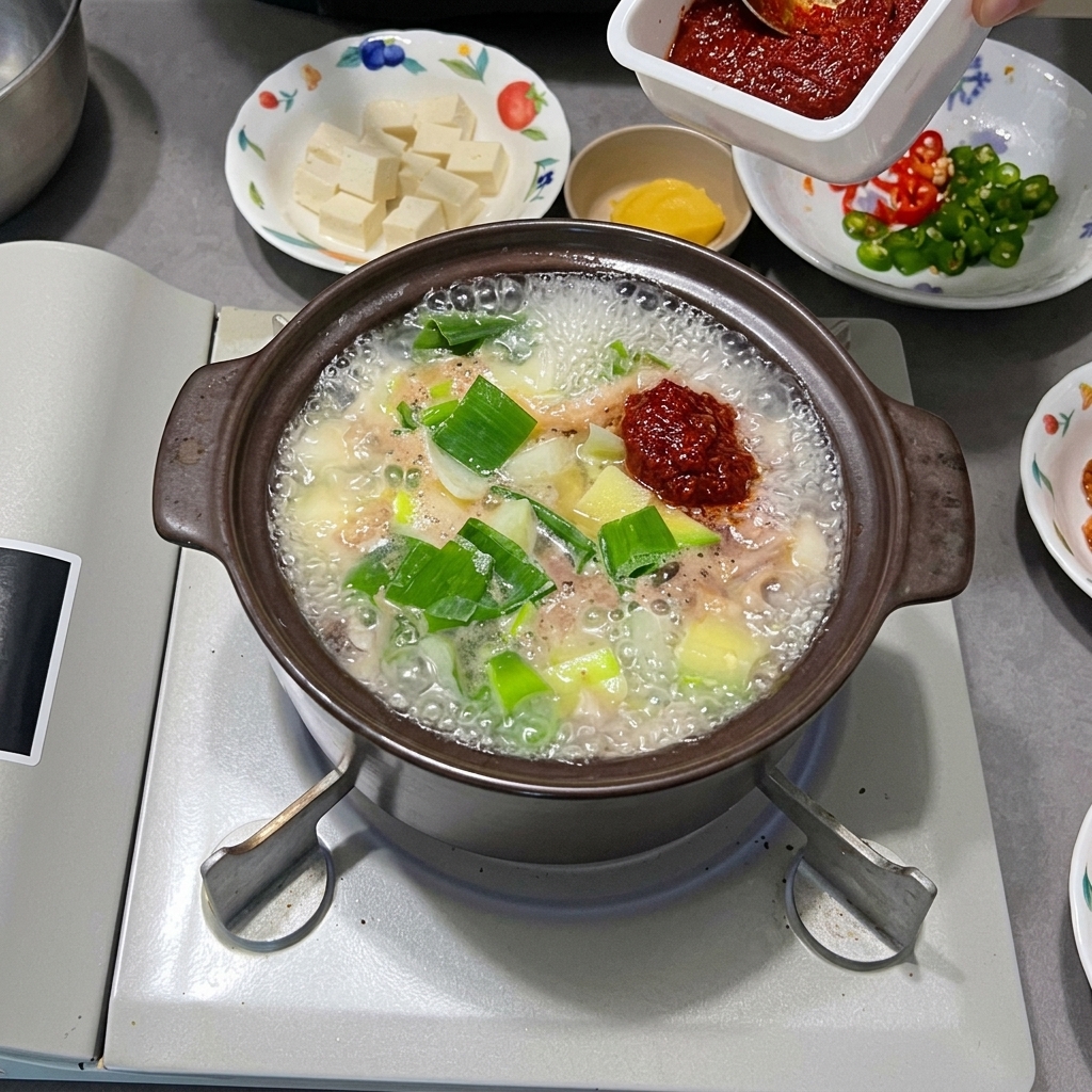 찌개에 고춧가루를 한 스푼 넣는 모습.