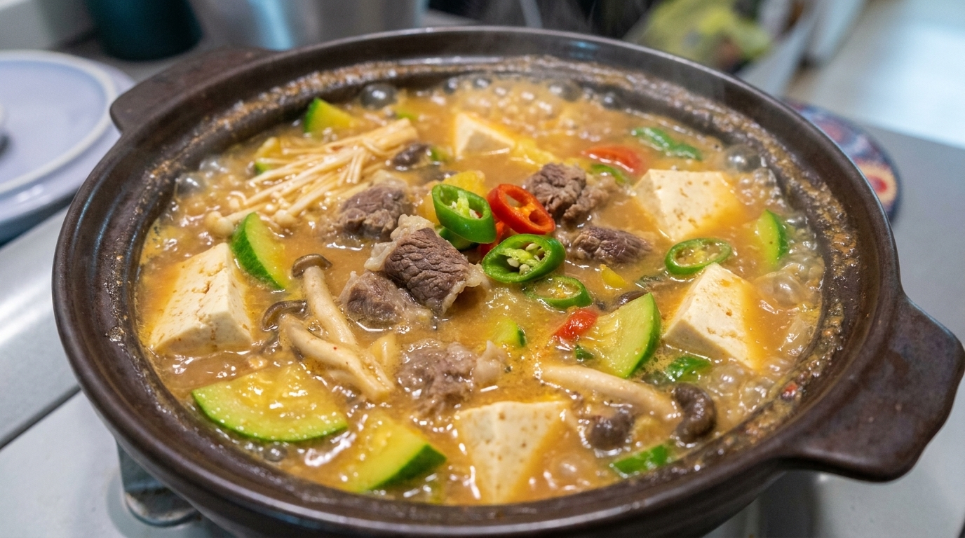 뚝배기에 보글보글 끓여낸 차돌박이 된장찌개와 신선한 채소들.