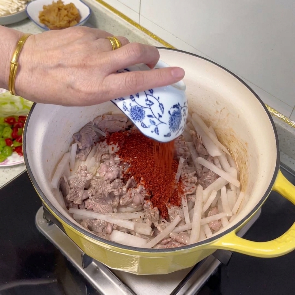 고기와 무에 고춧가루를 넣고 섞는 모습.