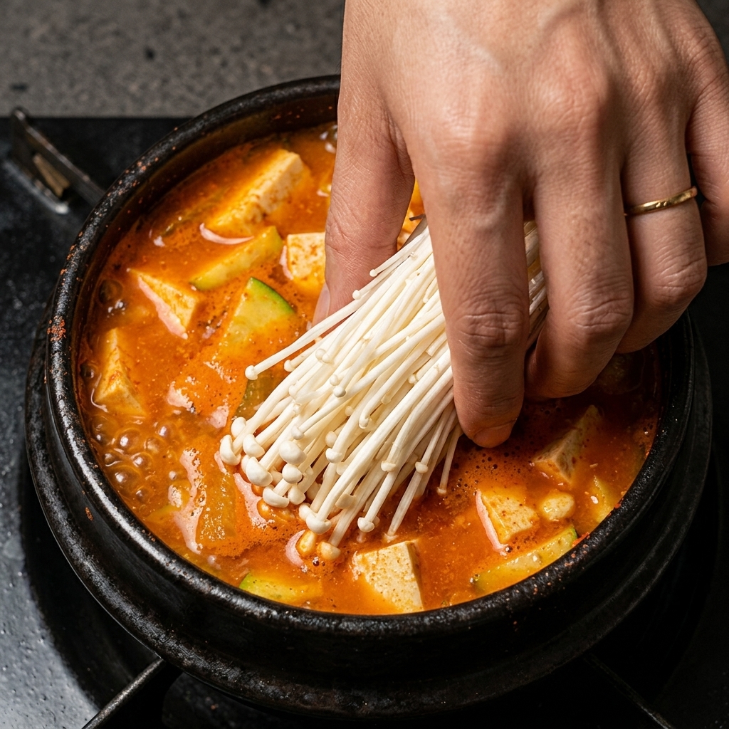 찌개 위에 팽이버섯을 가지런히 올리는 모습.