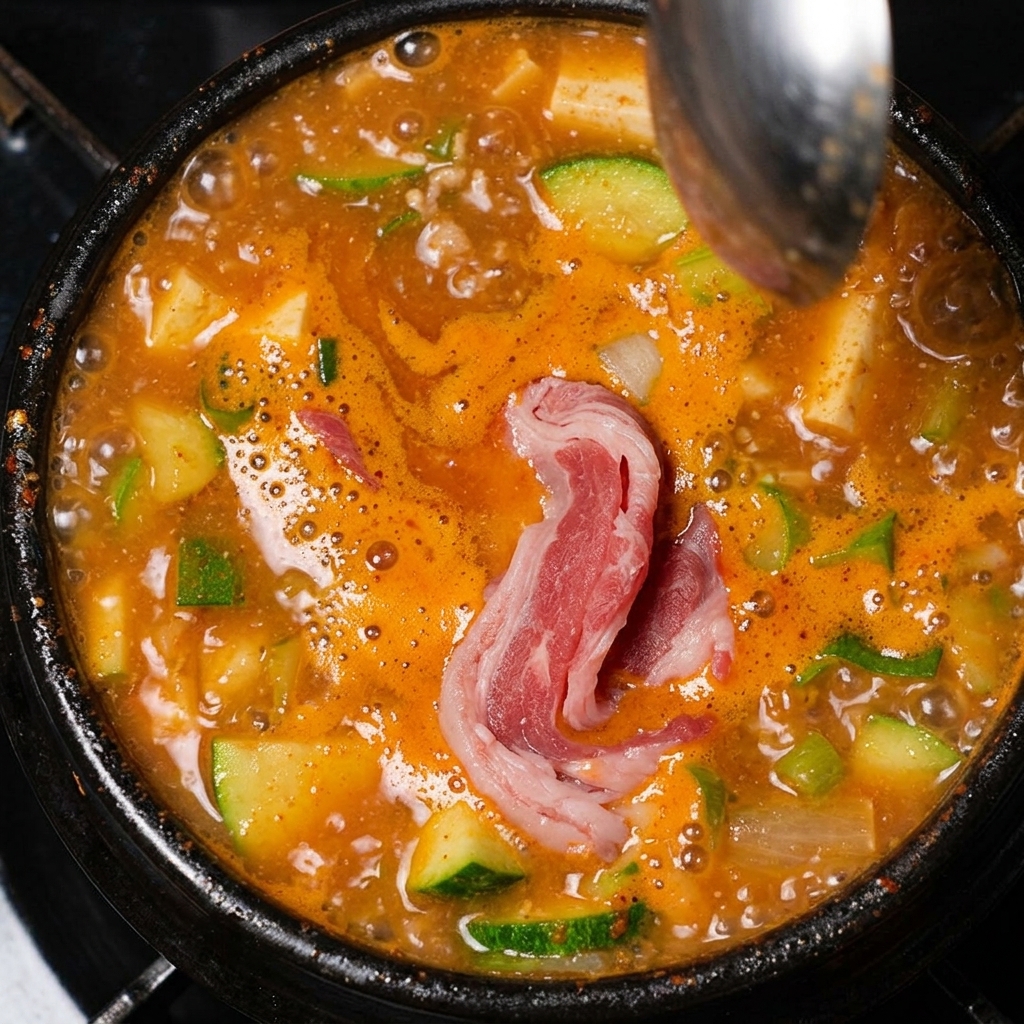 찌개에 차돌박이를 넣는 모습.