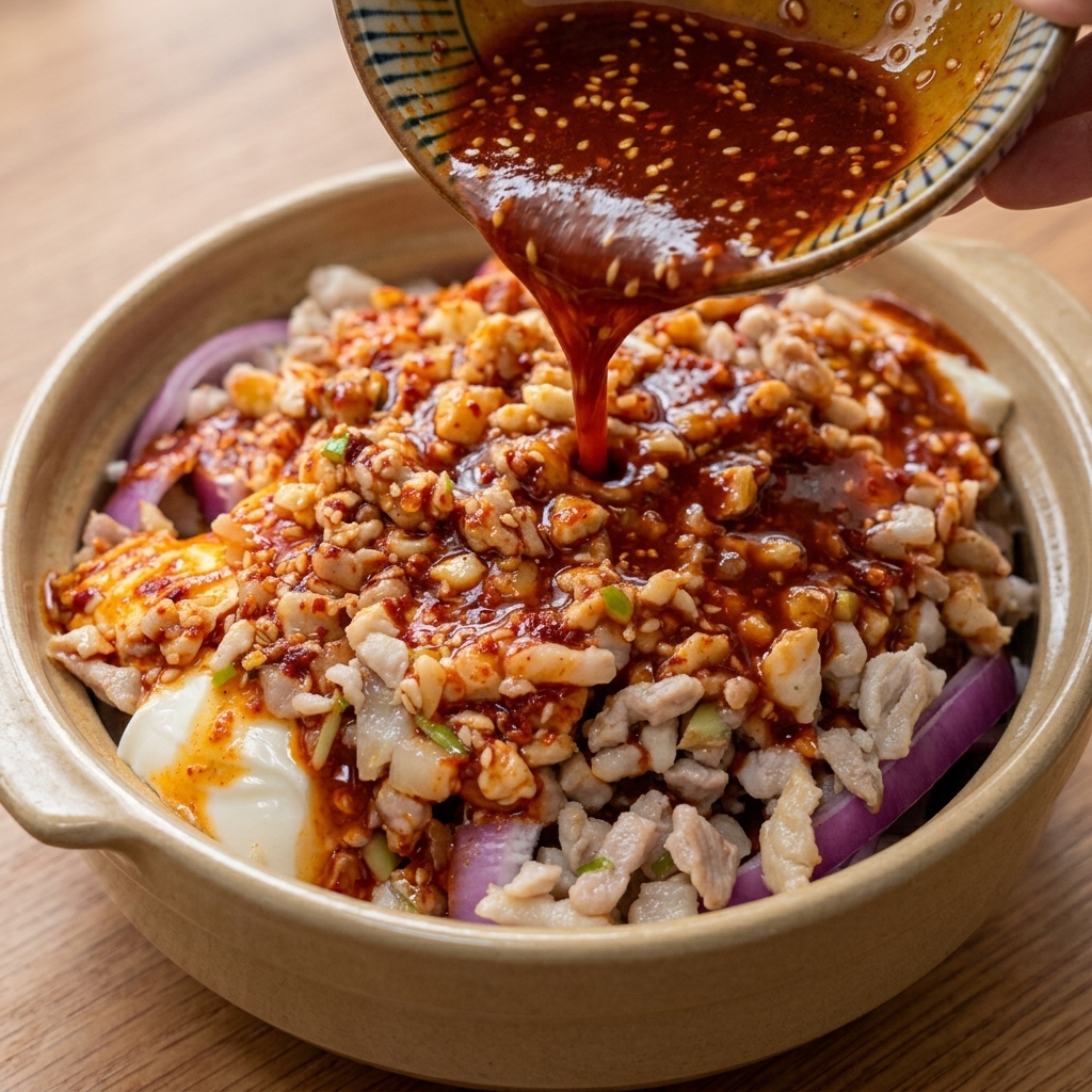 보글보글 끓는 순두부찌개 위에 송송 썬 청양고추를 올리는 모습.