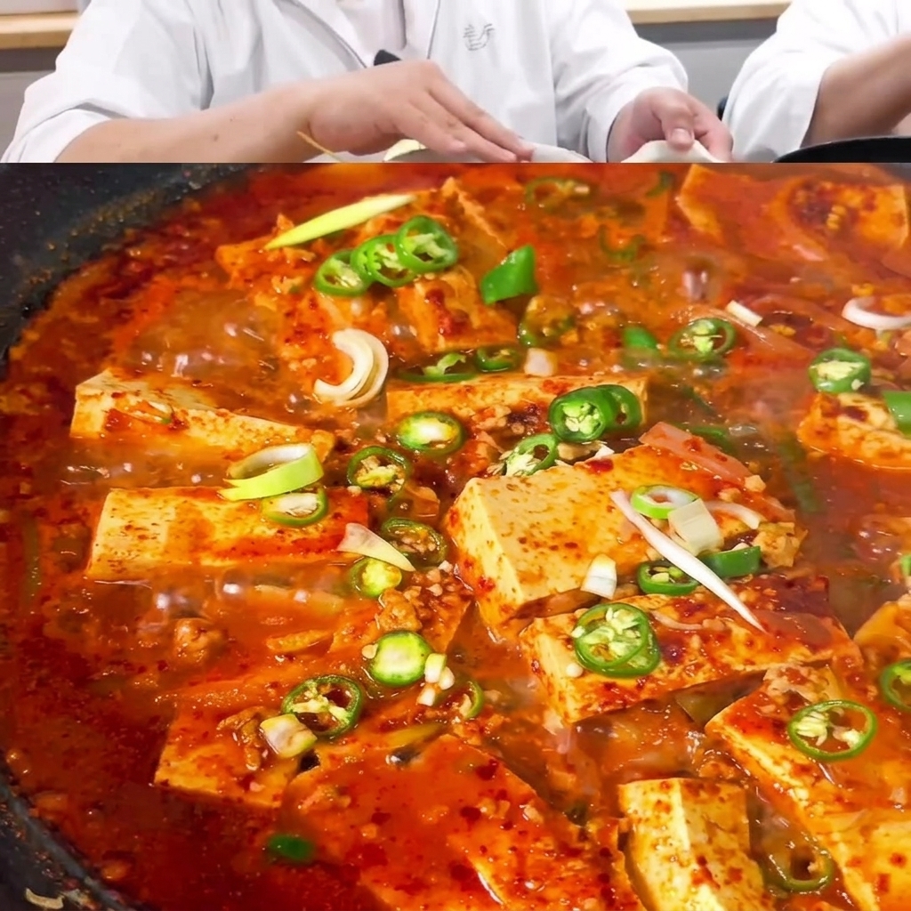 계량컵 안의 붉은 양념을 숟가락으로 젓는 클로즈업 사진.