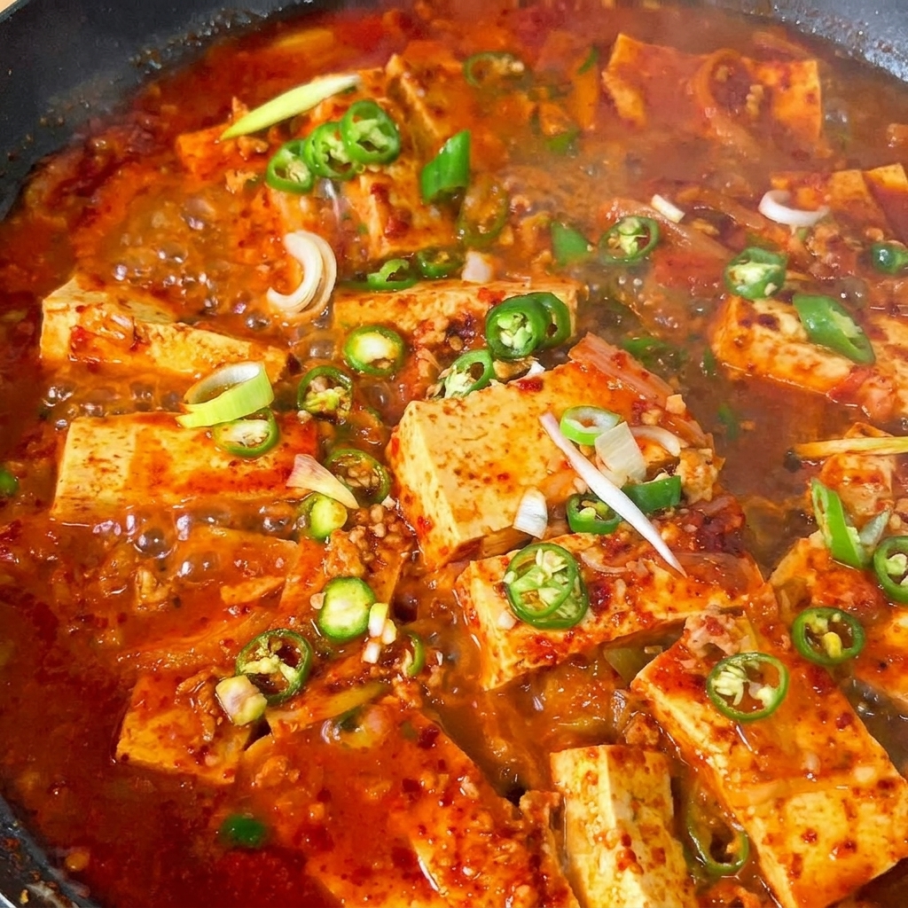 파기름이 끓는 팬에 다진 돼지고기를 넣고 함께 볶는 모습.