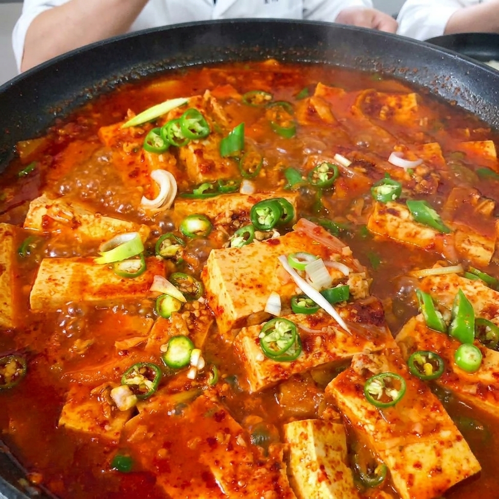잘 볶아진 고기 위에 채 썬 양파와 깍둑썰기한 단단한 두부가 더해진 모습.