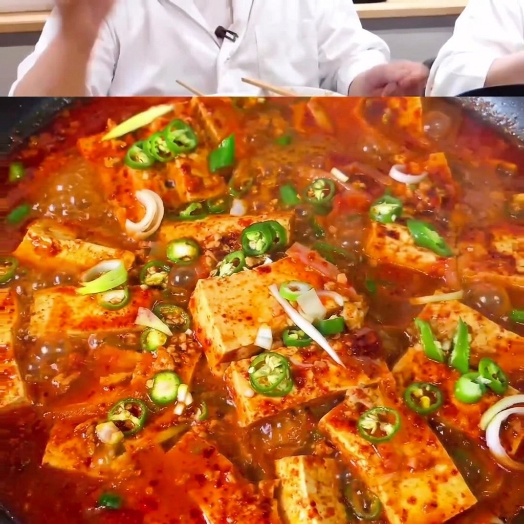 두부, 돼지고기, 양파가 담긴 팬에 붉은 양념과 물을 붓고 끓이는 모습.
