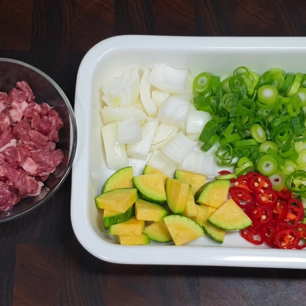 팬에 식용유, 참기름과 함께 고추장, 고춧가루를 넣고 볶는 모습.