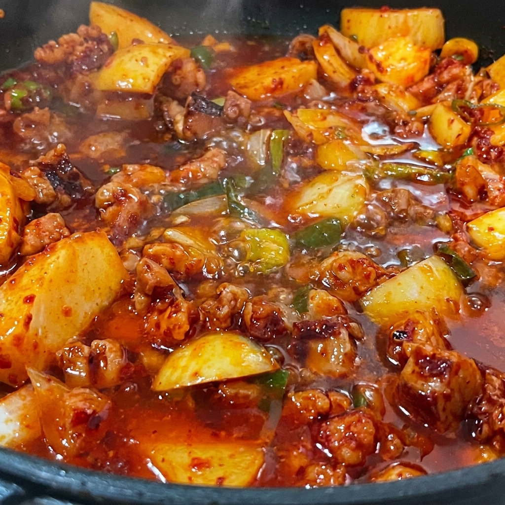 돼지고기와 채소가 볶아진 팬에 멸치 육수를 붓는 모습.