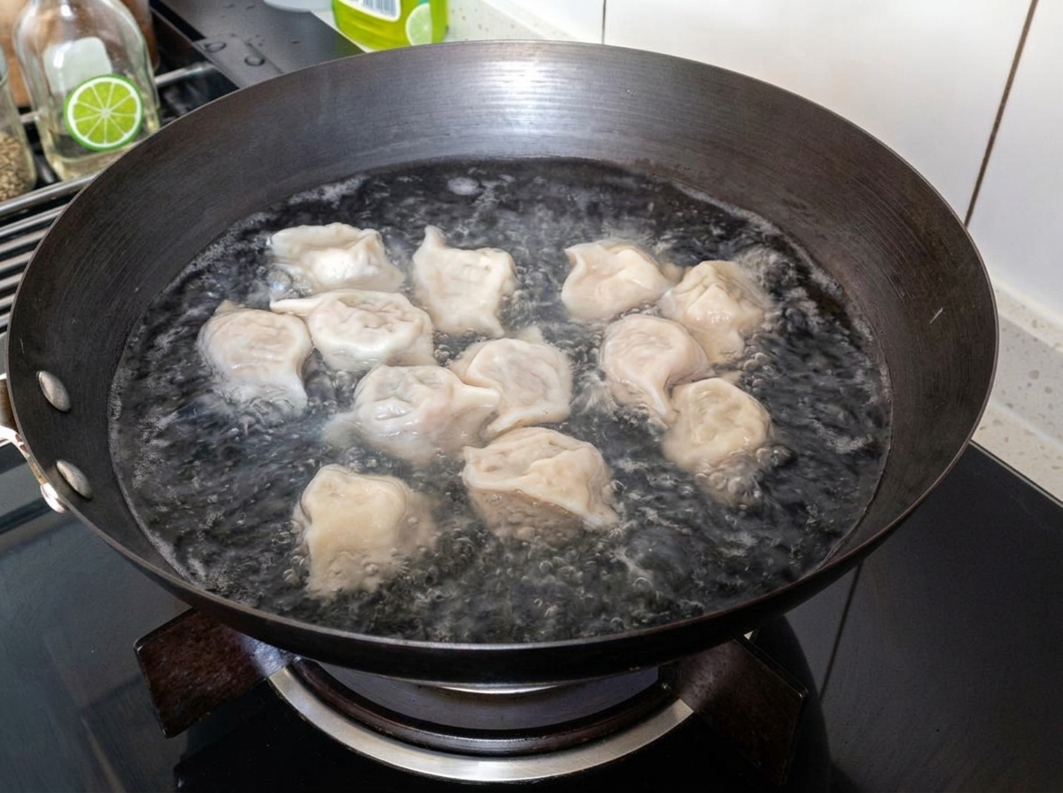 만두가 끓고 있는 냄비에 얇게 썬 두부를 넣는 모습.