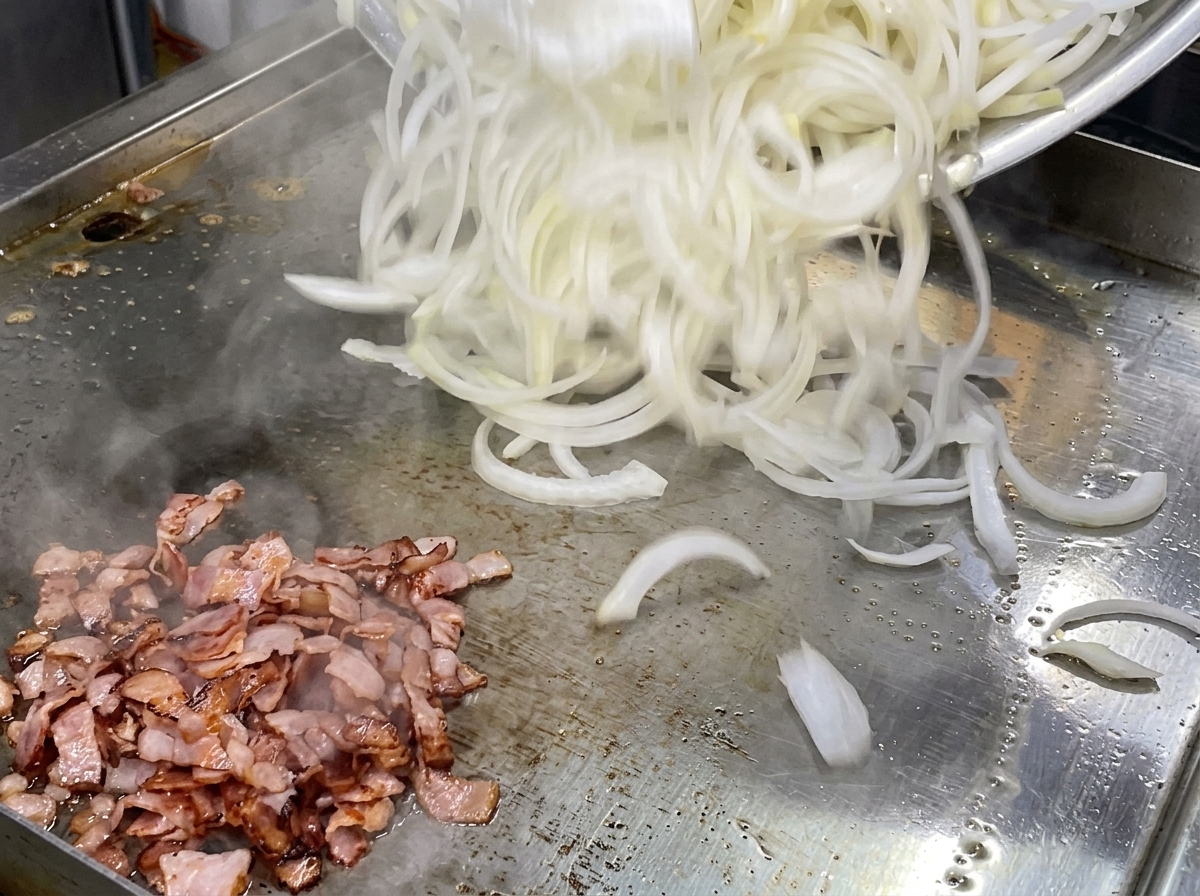 얇게 썬 생 양파를 익은 베이컨 옆 그리들에 붓는 모습.