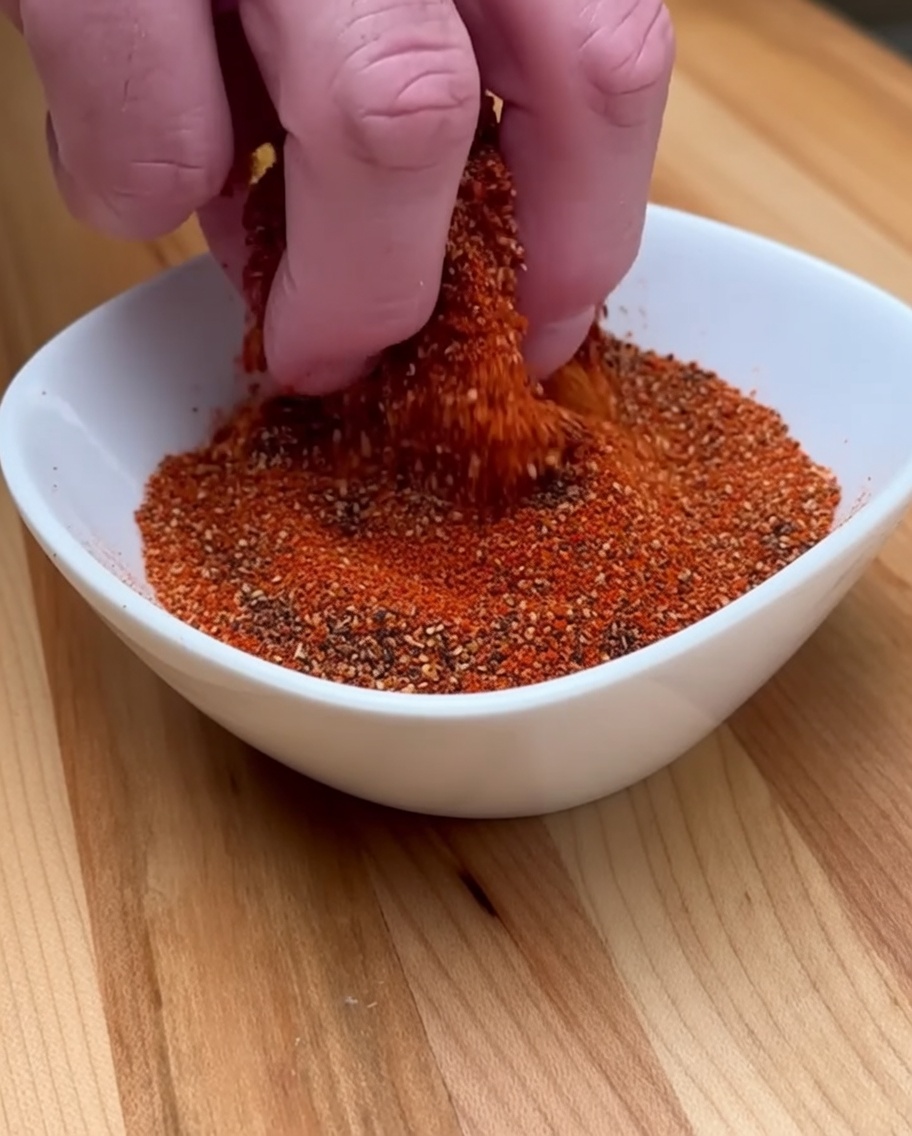 와이어 랙 위에 놓인 베이컨 말이 꼬치에 식용유를 바르는 모습.