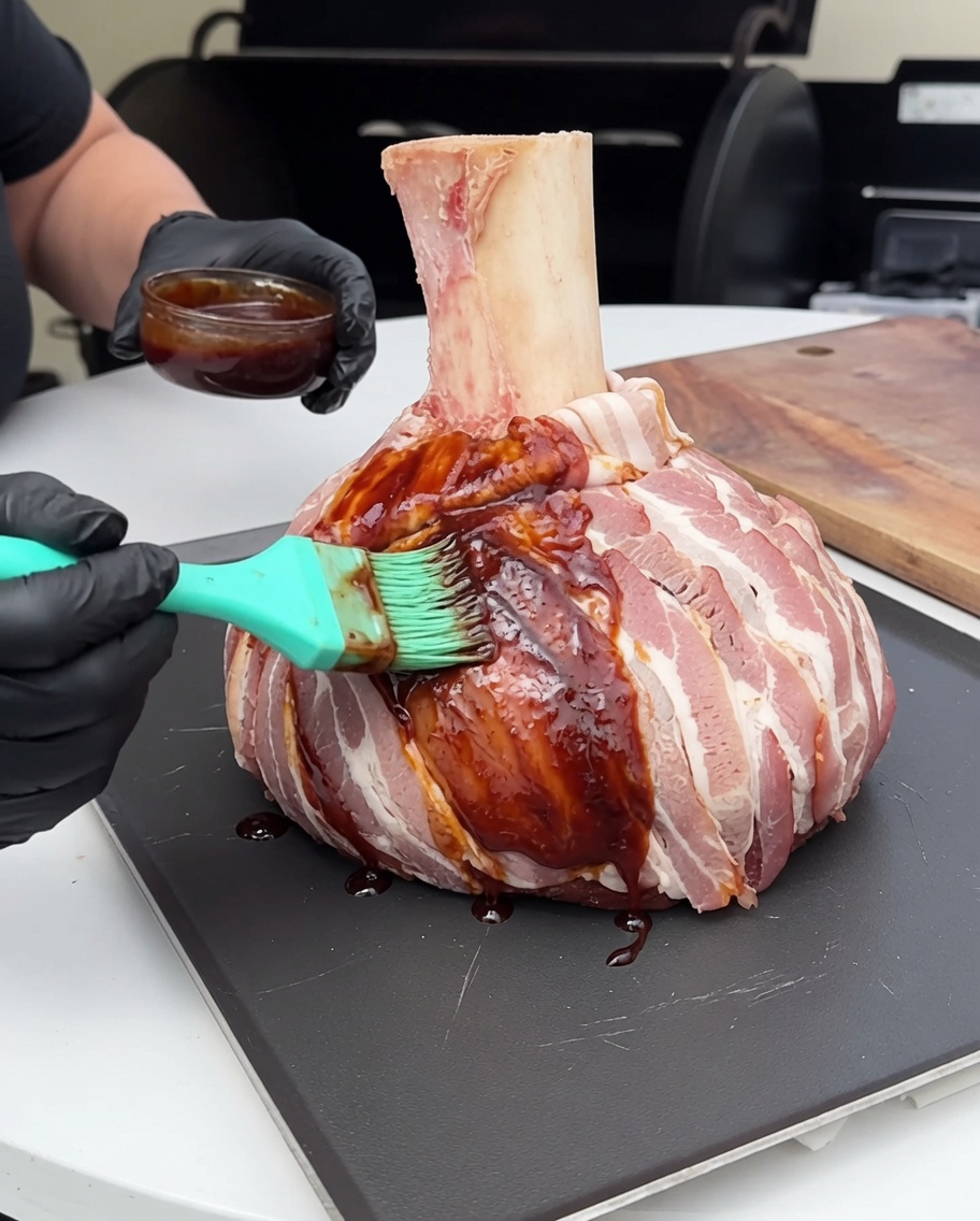 베이컨으로 감싼 소고기 블록에 실리콘 브러시로 진한 갈색 바비큐 소스를 바르는 모습.