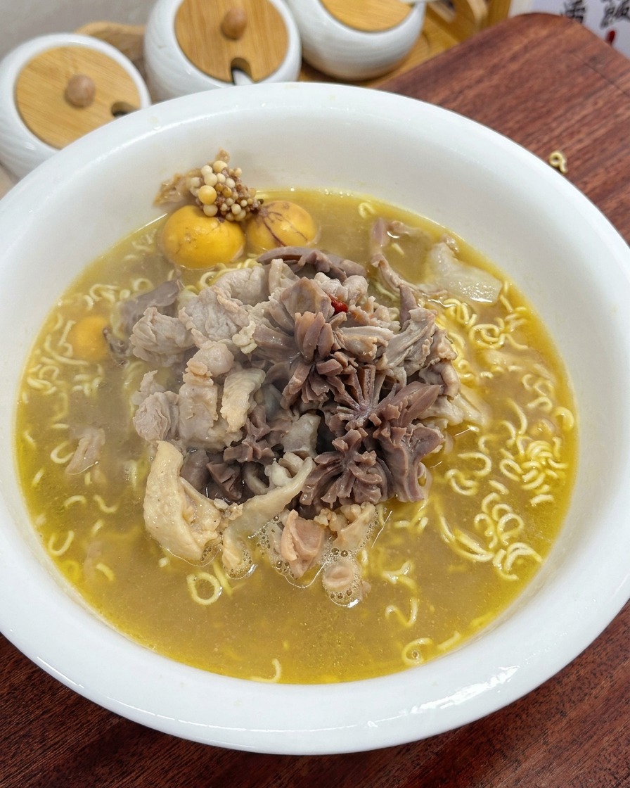 완성된 닭국수에 파와 고명을 얹은 모습.