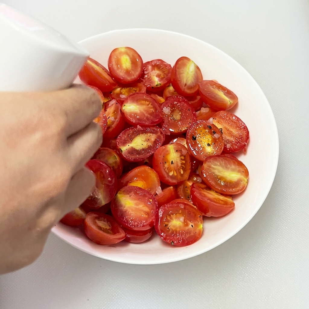 그릇 속 체리 토마토에 올리브 오일을 살짝 뿌리는 모습.
