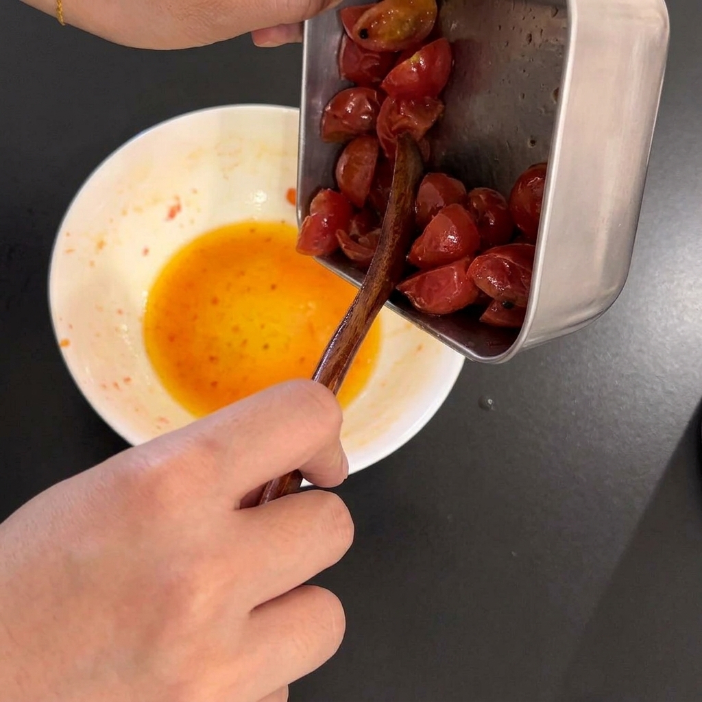 조리된 체리 토마토 그릇에서 여분의 수분을 조심스럽게 따라내는 모습.