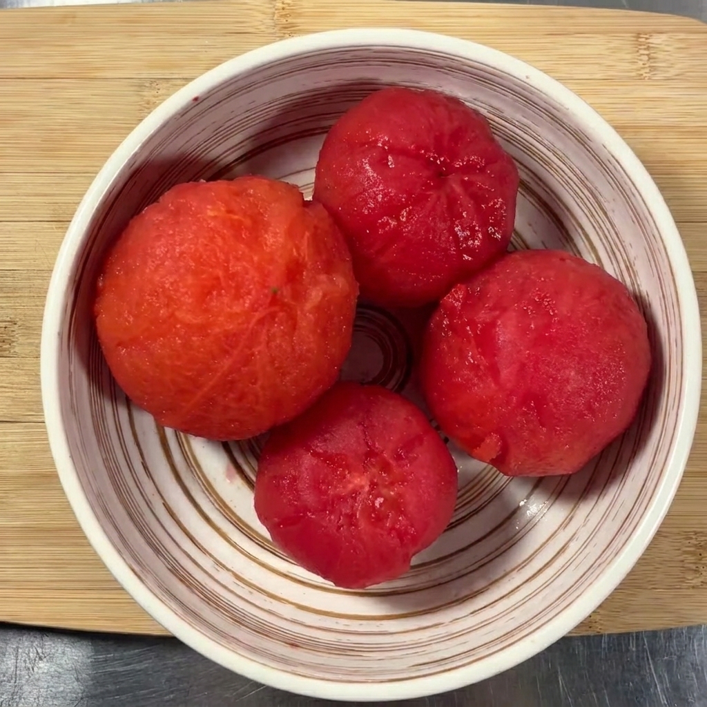 도마 위에 놓인 껍질 벗긴 토마토 4개와 칼.