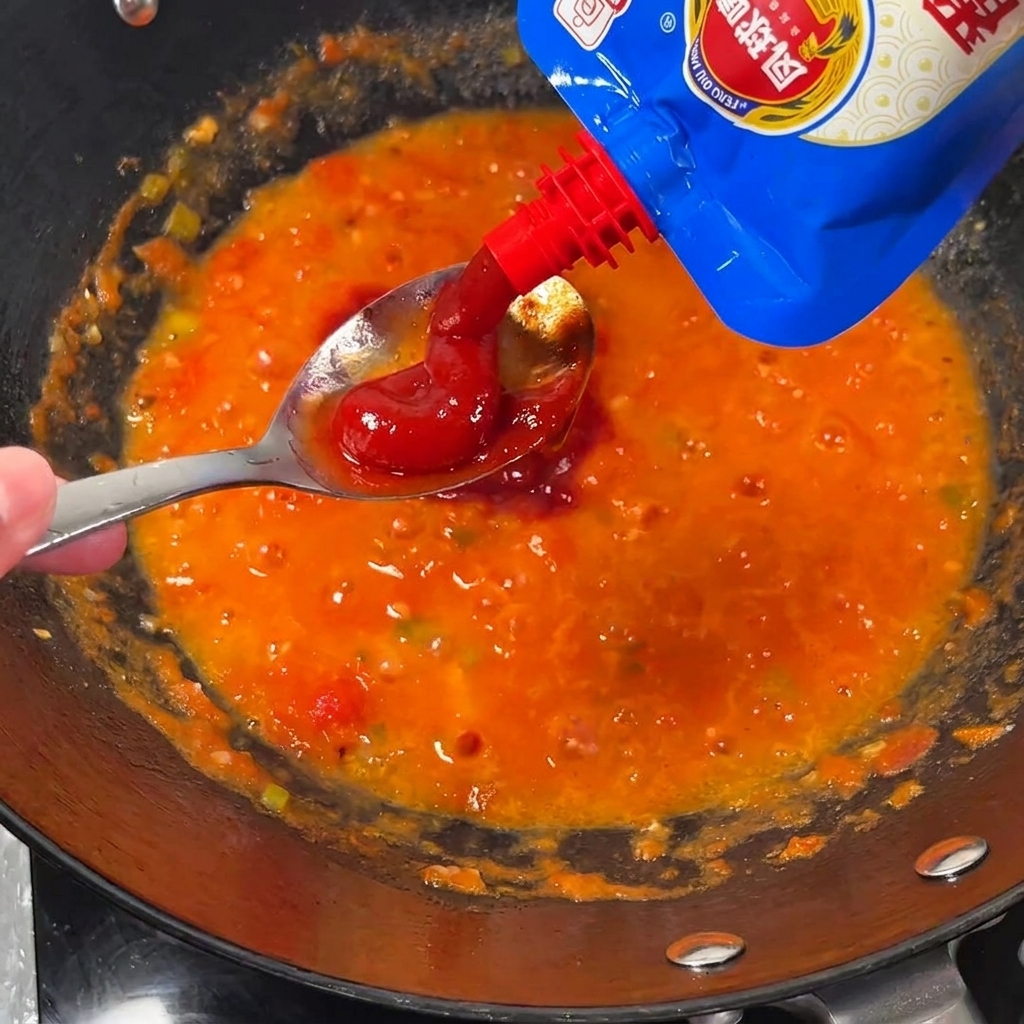 끓는 토마토 혼합물에 토마토 페이스트 넣기.