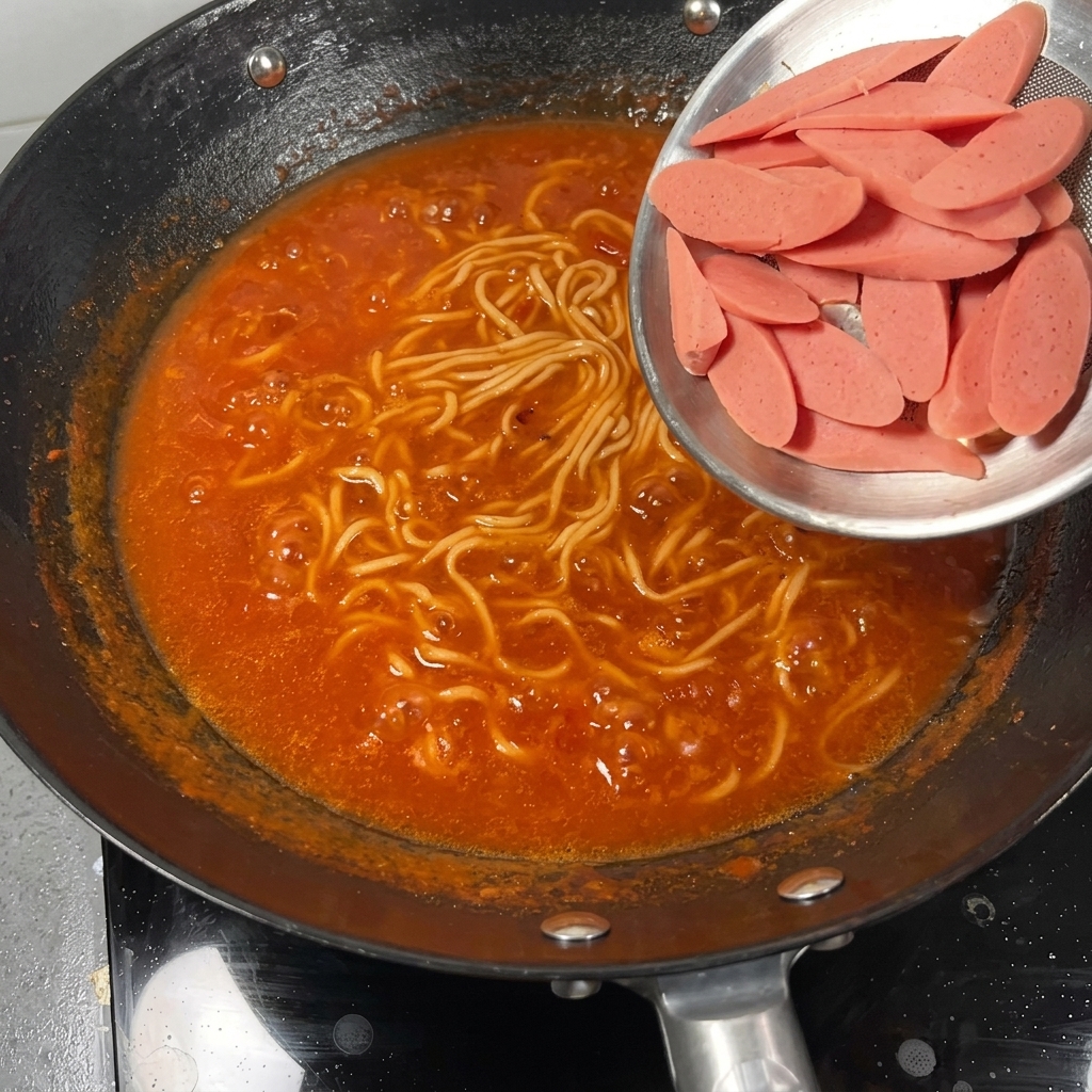 끓는 토마토 면 요리에 소시지와 청경채 넣기.