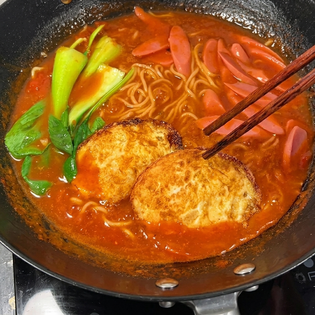 토마토 면 요리 위에 올려진 바삭한 달걀 프라이.