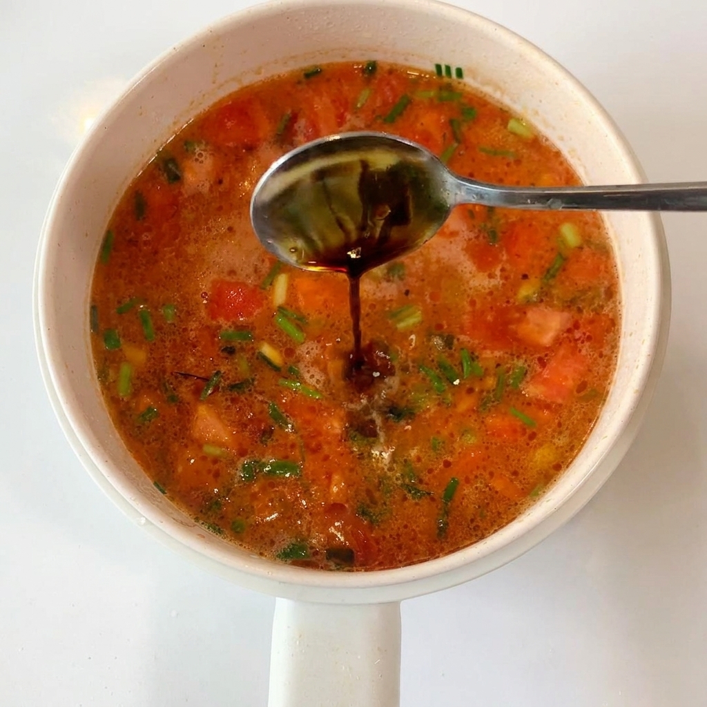 토마토 국물에 소스를 넣는 모습