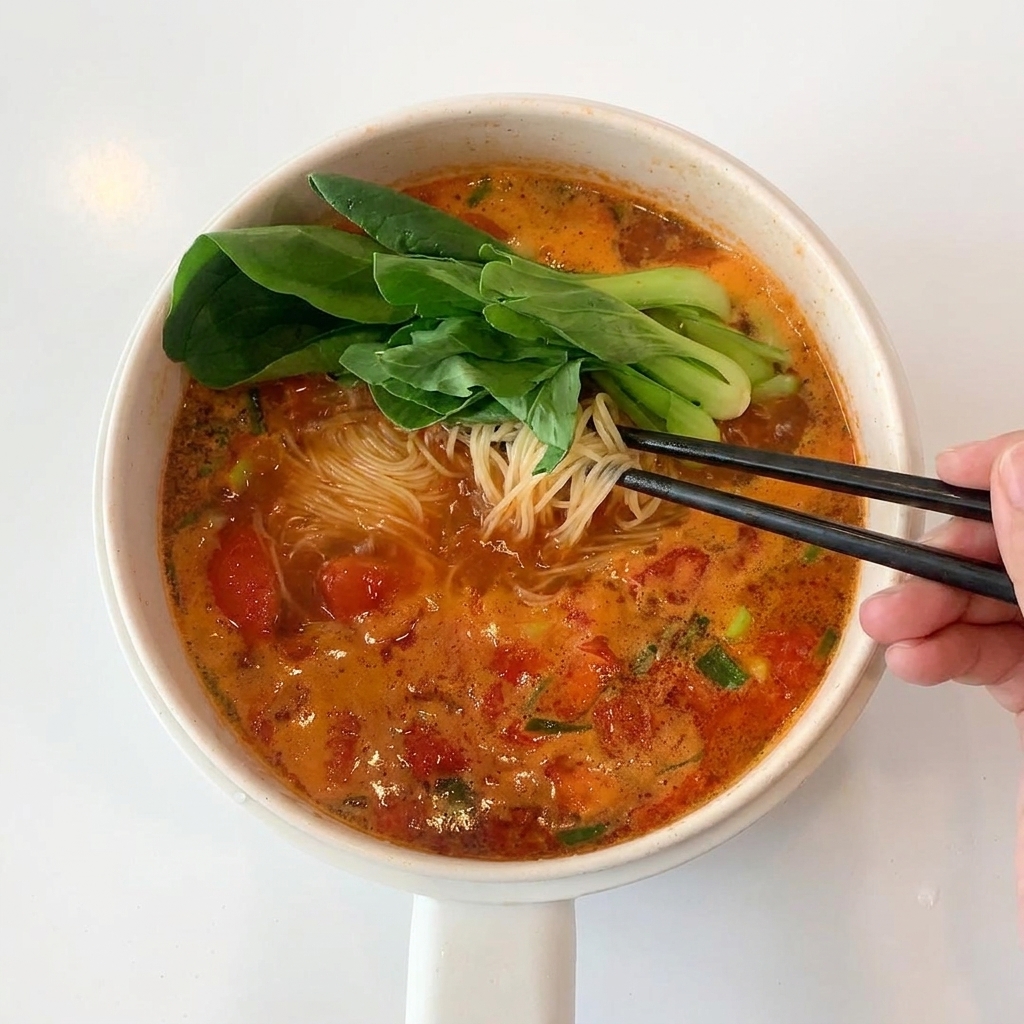 면과 녹색 채소가 끓는 토마토 국물 속에서 어우러지는 모습