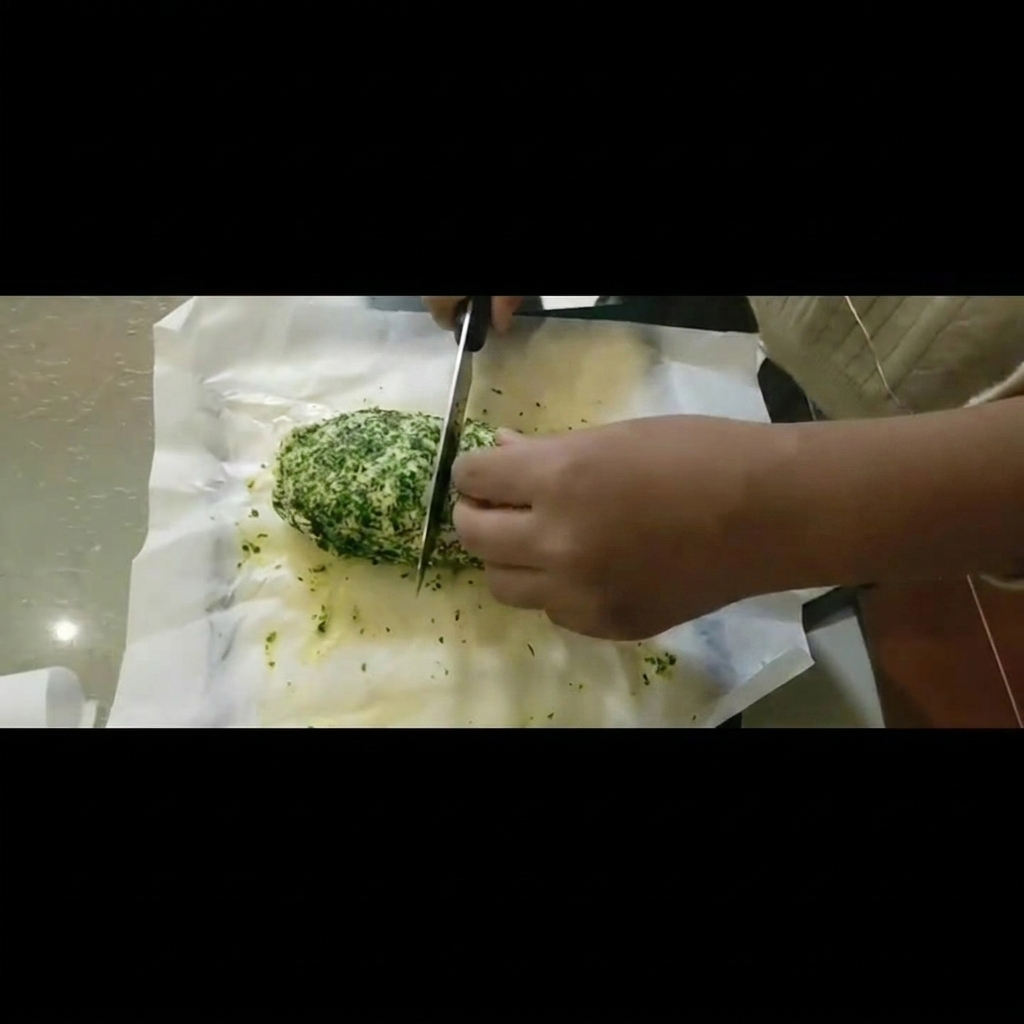 종이 호일 위에 일정한 두께로 썰어 놓은 갈릭 허브 버터 조각들.
