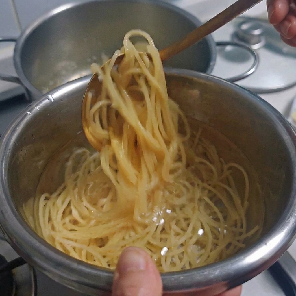 찬물이 담긴 볼에서 식히고 있는 삶은 스파게티 면.