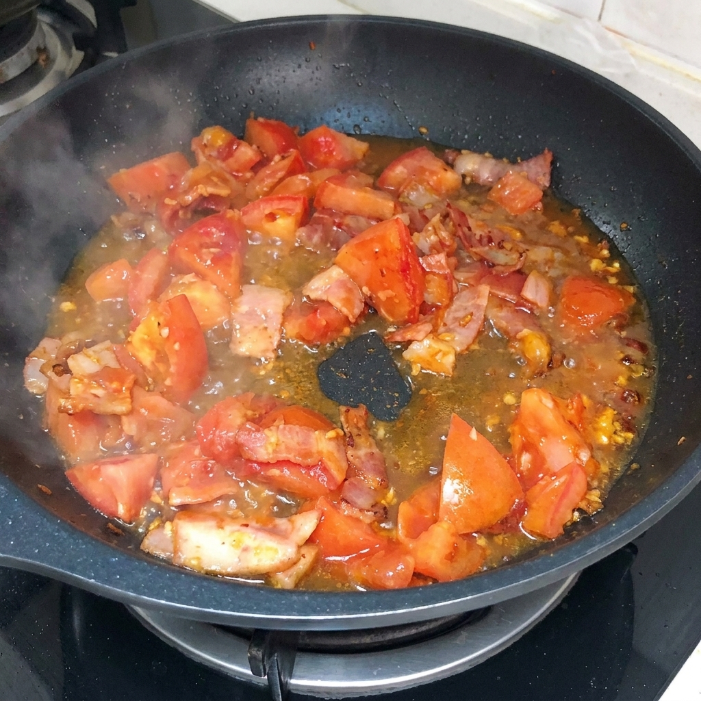 토마토, 베이컨, 마늘 볶음에 뜨거운 물을 붓는 모습.