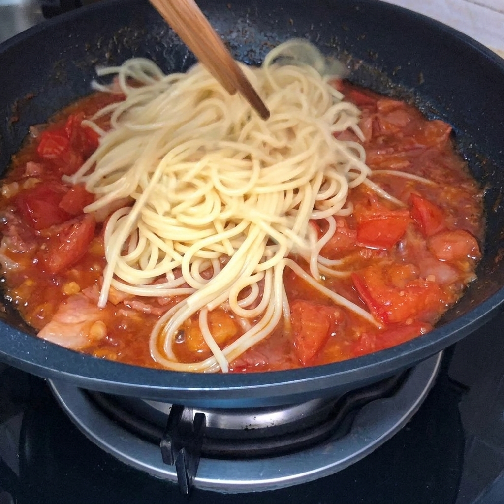 깊게 끓여진 토마토 베이컨 소스에 삶은 파스타 면을 넣는 모습.
