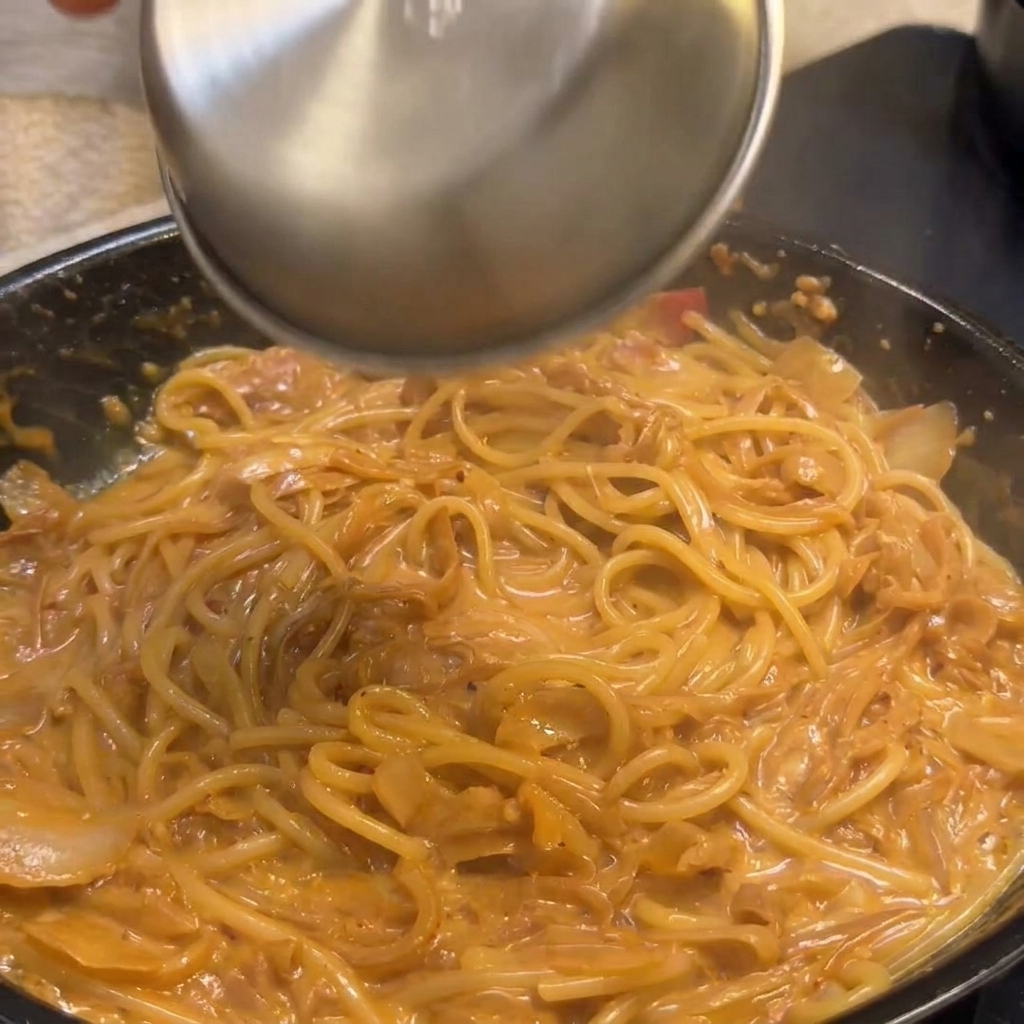 크림 파스타 위에 바삭한 베이컨 조각을 올리는 모습.
