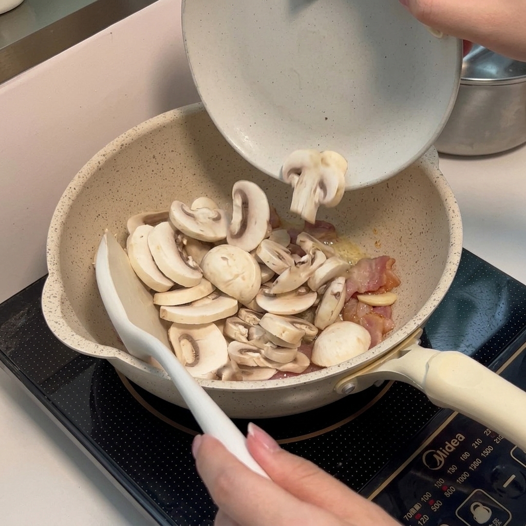 베이컨과 버섯이 함께 볶아지는 모습.