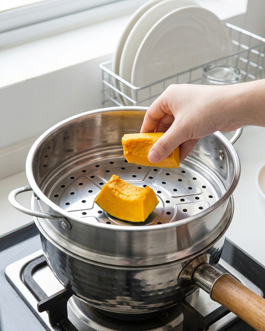 찜기에 담겨 끓는 물 위에서 쪄지고 있는 깍둑썰기한 단호박.