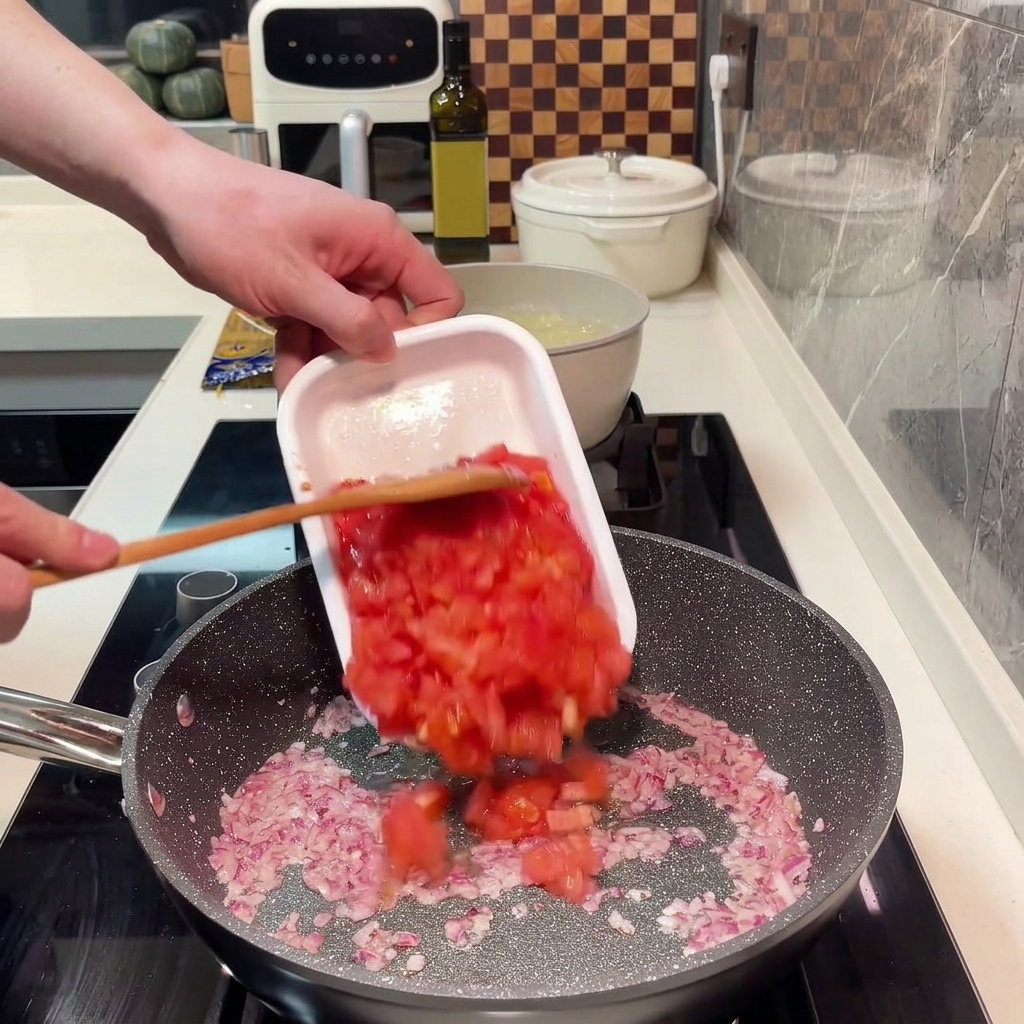 팬에서 다진 토마토가 즙이 나올 때까지 익어가는 모습.