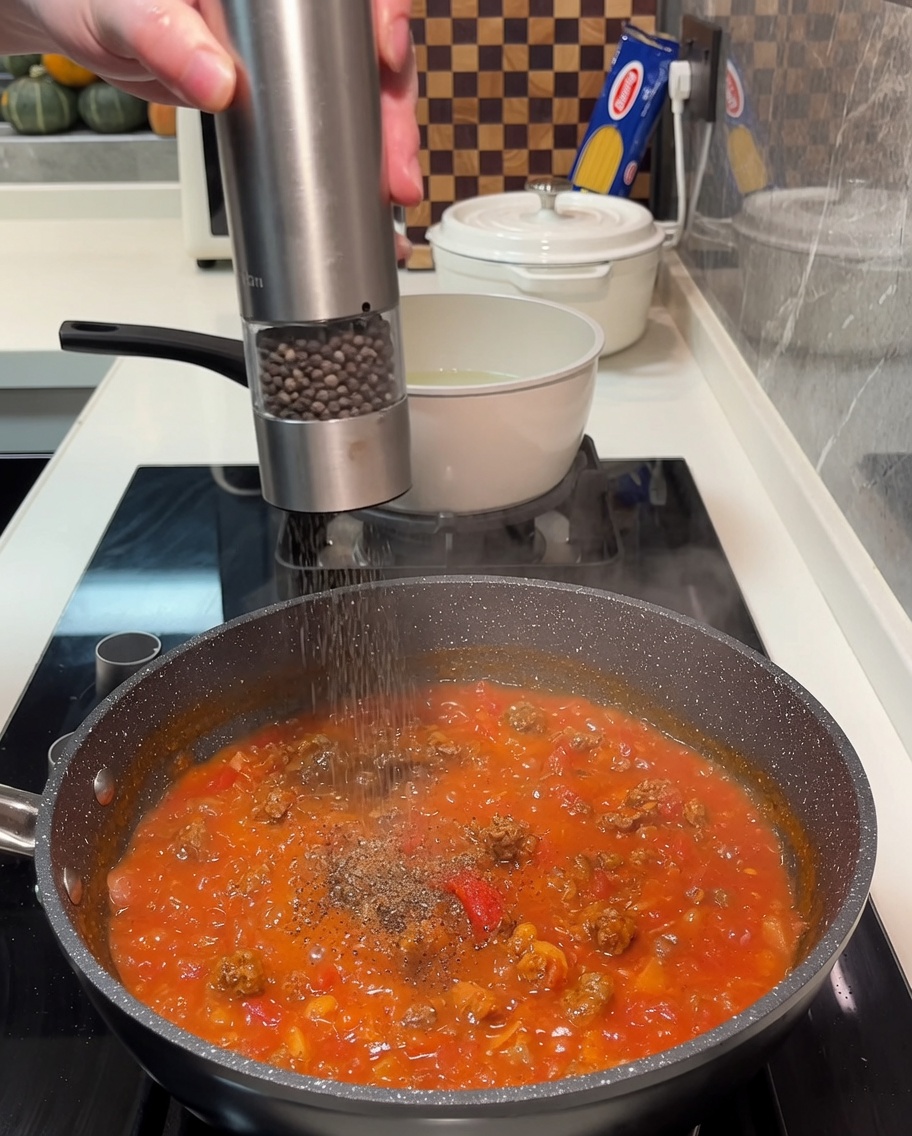 토마토 케첩과 소금, 후추를 넣고 소스를 조리는 모습.