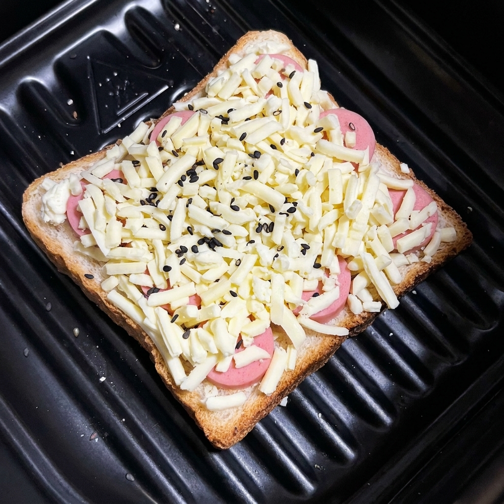 조립이 완료되어 검은깨가 뿌려진 핫도그 치즈 토스트.